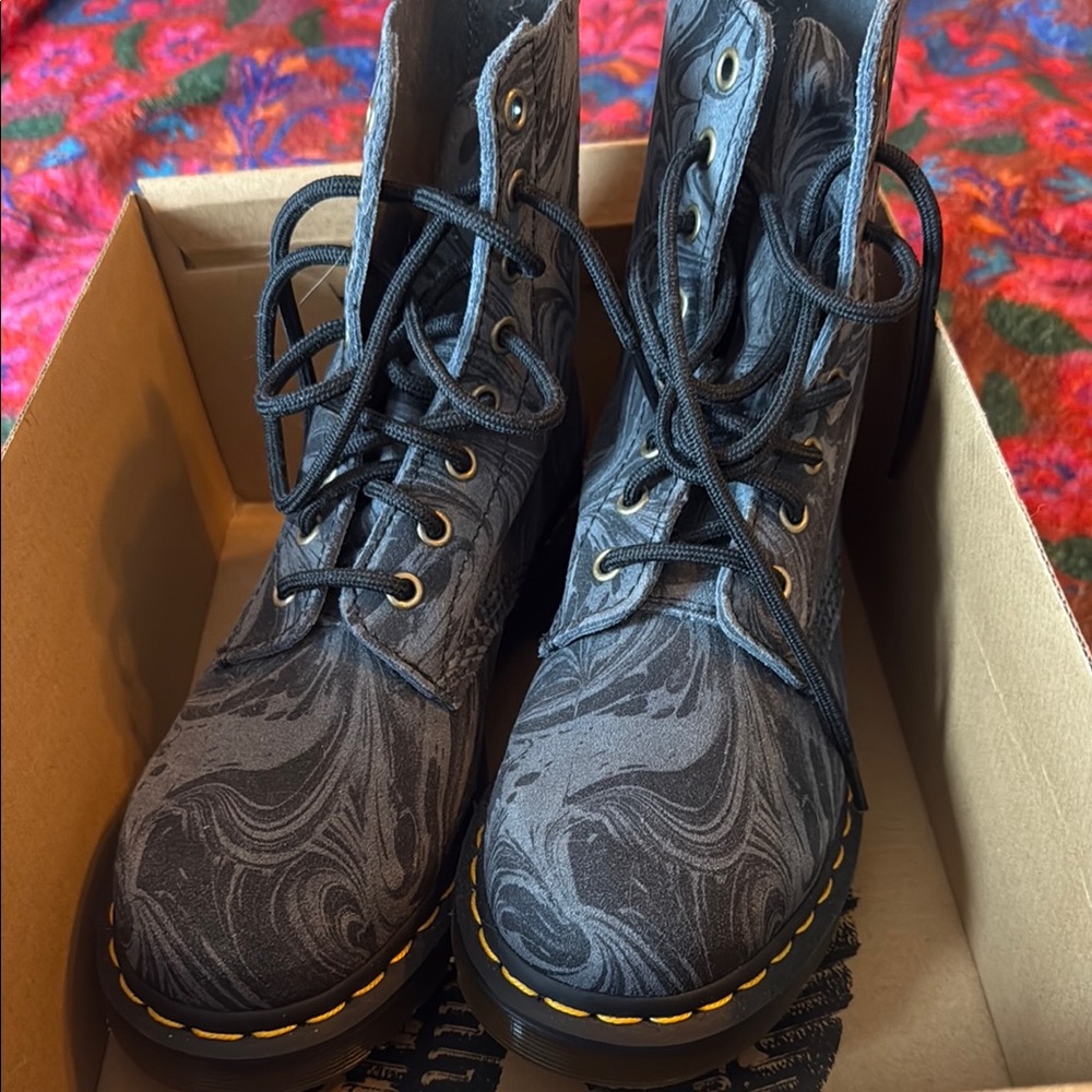 Dr. Martens Gray Combat Boots with Artistic Pattern